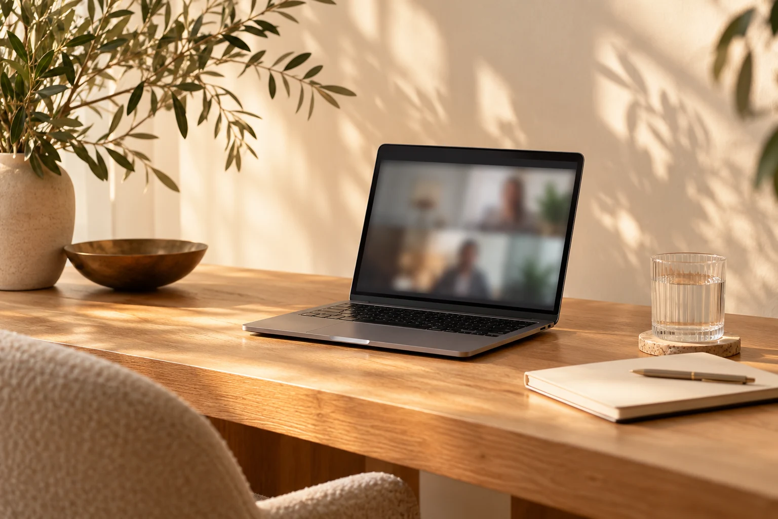 A warm oak workspace set for an online conversation